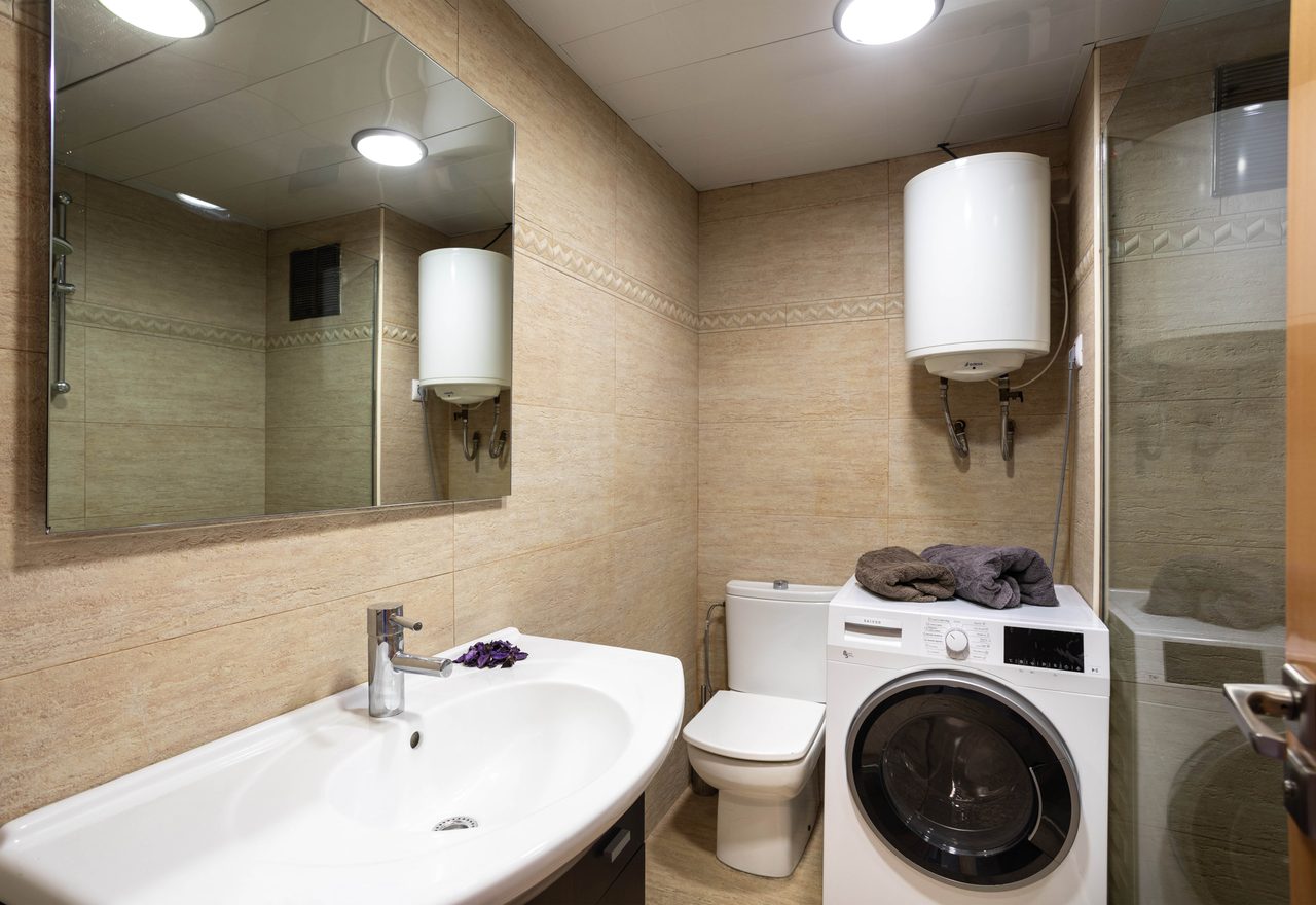 Baño con lavabo, ducha y lavadora